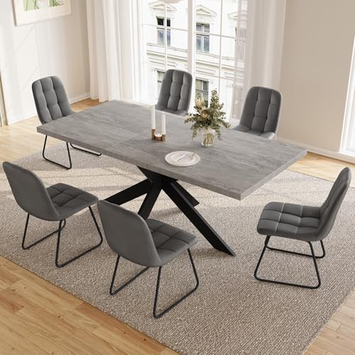 JIEXI Essgruppen Für 4-6 Personen, Esstisch Ausziehbar, Moderner Grauer MDF-Holztisch, Geeignet Für Wohnzimmer, Küche, Versammlungen Mit Vielen Personen(130-170cm Tisch + 6 U-förmiger Stuhl Grau) von JIEXI