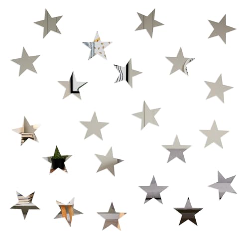 JIEYAO 50 Stück Sternspiegel Wandaufkleber, Silber Sterne 3D Wandtattoo Acryl Sterne Abziehbilder Abnehmbare Spiegel Sticker Selbstklebend Sterne Aufkleber für Wohnzimmer Schlafzimmer DIY Wanddeko von JIEYAO
