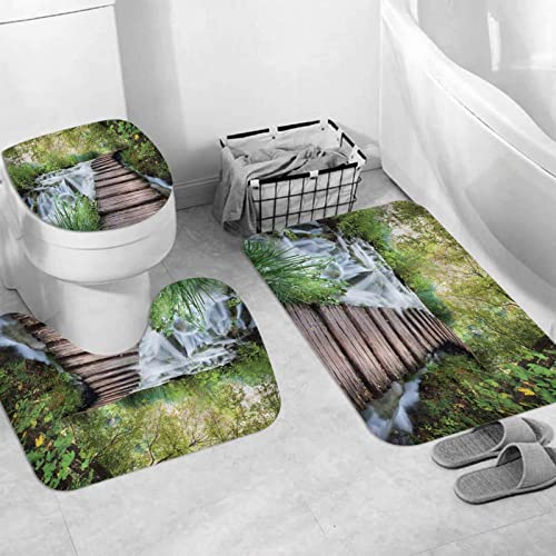 Badteppich 3 Stück Weiche saugfähige Badematten,Dschungel-Holzsteg entlang des Stroms in der grünen Dschungel-Wasserlandschaft,,Rutschfeste Badematte Teppiche & Toilettendeckelabdeckung Set Waschbar von JIFOME