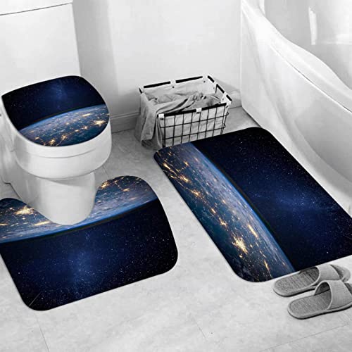 Badteppich 3 Stück Weiche saugfähige Badematten,Fiktion Plejaden Erde Planetarium Galaxie Diese Astronomie eingerichtet Strahlen,Rutschfeste Badematte Teppiche & Toilettendeckelabdeckung Set Waschbar von JIFOME