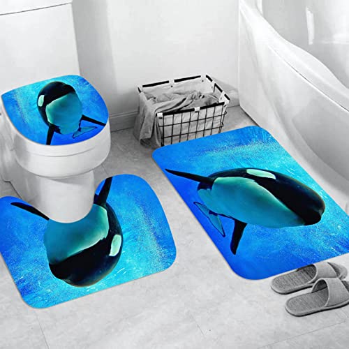 Badteppich 3 Stück Weiche saugfähige Badematten,Foam World Sea Orlando San Diego und Blue Orca Shark Whale Schwimmen unter Wasse,Rutschfeste Badematte Teppiche & Toilettendeckelabdeckung Set Waschbar von JIFOME