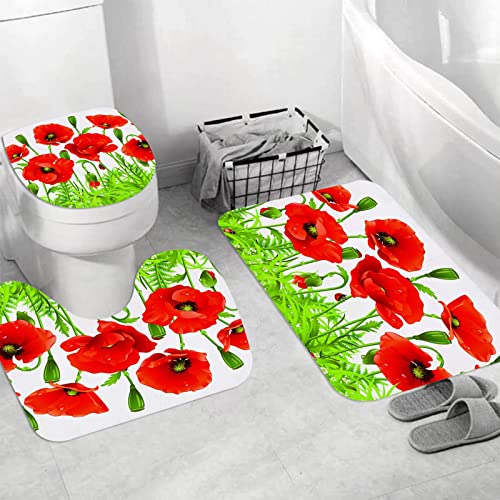 Badteppich 3 Stück Weiche saugfähige Badematten,Horizontale Grenze mit Red Poppy Flower Bud Poppies Kamille Wildblumen Rasen Des,Rutschfeste Badematte Teppiche & Toilettendeckelabdeckung Set Waschbar von JIFOME