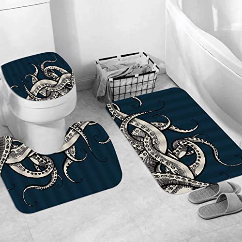 Badteppich 3 Stück Weiche saugfähige Badematten,Oktopus Tentakel Ozean Tier Kraken blau Unterwasserwelt Kreaturen Handzeichnung ,Rutschfeste Badematte Teppiche & Toilettendeckelabdeckung Set Waschbar von JIFOME