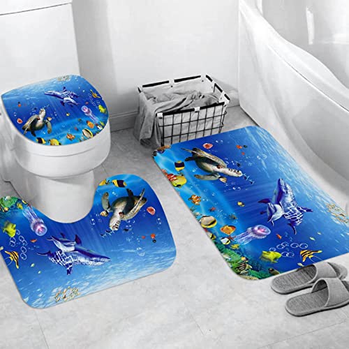 Badteppich 3 Stück Weiche saugfähige Badematten,Ozean Unterwasserwelt Meereswelt Tiere Tropischer Fisch Delfin mit Schildkröten ,Rutschfeste Badematte Teppiche & Toilettendeckelabdeckung Set Waschbar von JIFOME