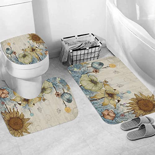 Badteppich 3 Stück Weiche saugfähige Badematten,Sonnenblume Gemalte Kunst Pflanze Dekoration Blume Aquarell Herbst Retro Kreativ,Rutschfeste Badematte Teppiche & Toilettendeckelabdeckung Set Waschbar von JIFOME