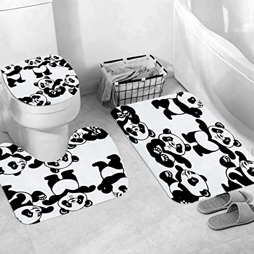 Badteppich 3 Stück Weiche saugfähige Badematten,Verspielter Pandabär im monochromen Stil Happy Young Zoo Animal Childhood Floral,Rutschfeste Badematte Teppiche & Toilettendeckelabdeckung Set Waschbar von JIFOME