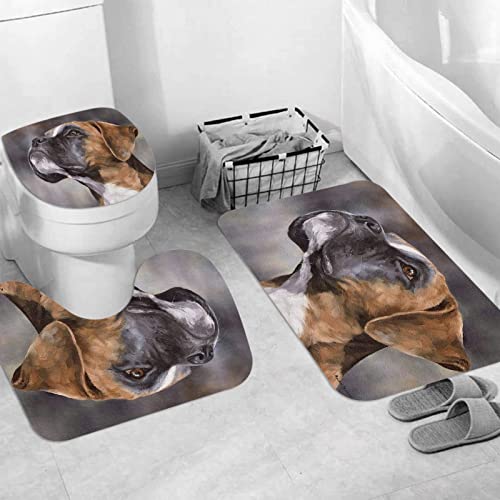 JIFOME Badteppich 3 Stück Weiche saugfähige Badematten,Boxer Hund Haustier Portrait Künstler Hund Haustier Tier Natur Säugetier,rutschfeste Badematte Teppiche & Toilettendeckelabdeckung Set Waschbar von JIFOME