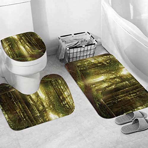 JIFOME Badteppich 3 Stück Weiche saugfähige Badematten,Frühlingssonnenstrahlen im Redwood Forest,rutschfeste Badematte Teppiche & Toilettendeckelabdeckung Set Waschbar von JIFOME