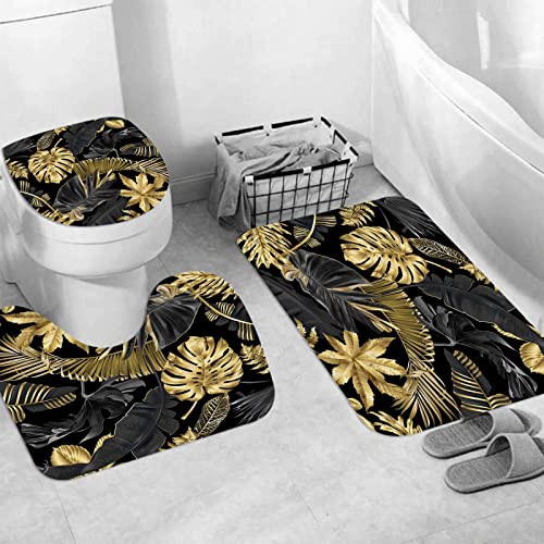 JIFOME Badteppich 3 Stück Weiche saugfähige Badematten,Gold und Schwarze Tropische Blätter auf dunklem Hintergrund,rutschfeste Badematte Teppiche & Toilettendeckelabdeckung Set Waschbar von JIFOME