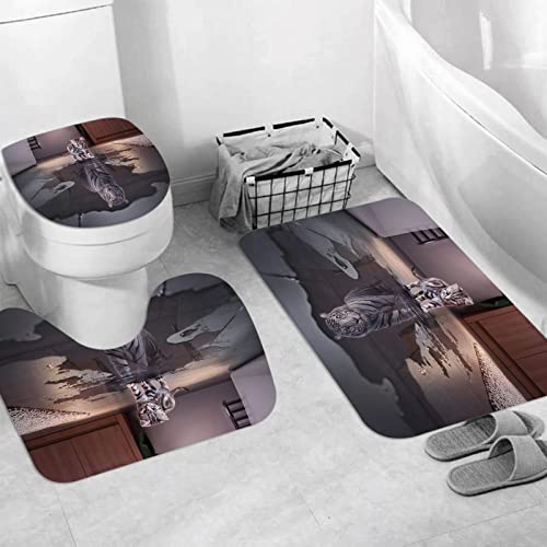 JIFOME Badteppich 3 Stück Weiche saugfähige Badematten,Katze und Tiger lustiges Tier,rutschfeste Badematte Teppiche & Toilettendeckelabdeckung Set Waschbar von JIFOME