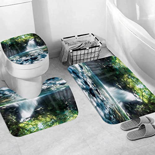 JIFOME Badteppich 3 Stück Weiche saugfähige Badematten,Lebendige Natur Schöne Wasserfall Waldlandschaft,rutschfeste Badematte Teppiche & Toilettendeckelabdeckung Set Waschbar von JIFOME