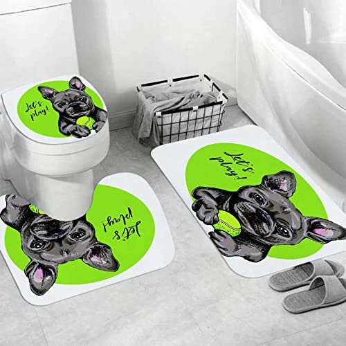 JIFOME Badteppich 3 Stück Weiche saugfähige Badematten,Porträt des Hundes der französischen Bulldogge mit Tennisball,rutschfeste Badematte Teppiche & Toilettendeckelabdeckung Set Waschbar von JIFOME