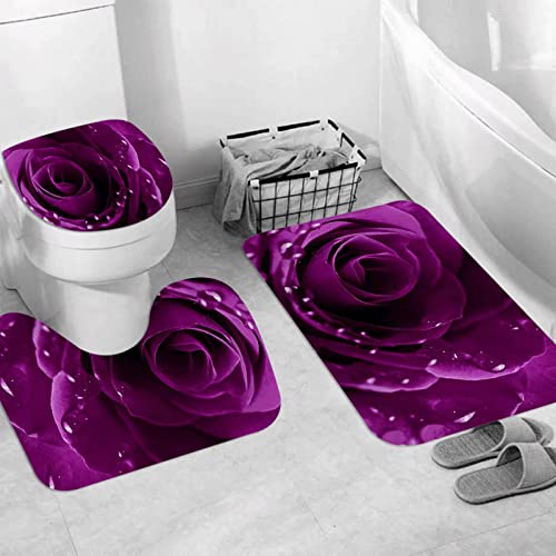 JIFOME Badteppich 3 Stück Weiche saugfähige Badematten,Rose lila 3D-Blumenblumen,rutschfeste Badematte Teppiche & Toilettendeckelabdeckung Set Waschbar von JIFOME