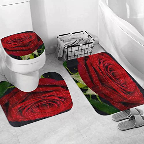 JIFOME Badteppich 3 Stück Weiche saugfähige Badematten,Rosen-Tropfen-Tau-Kraft-Blume schön,rutschfeste Badematte Teppiche & Toilettendeckelabdeckung Set Waschbar von JIFOME