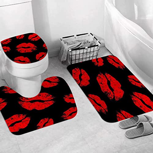 JIFOME Badteppich 3 Stück Weiche saugfähige Badematten,Rote Lippen Stilvolles Schwarz,rutschfeste Badematte Teppiche & Toilettendeckelabdeckung Set Waschbar von JIFOME