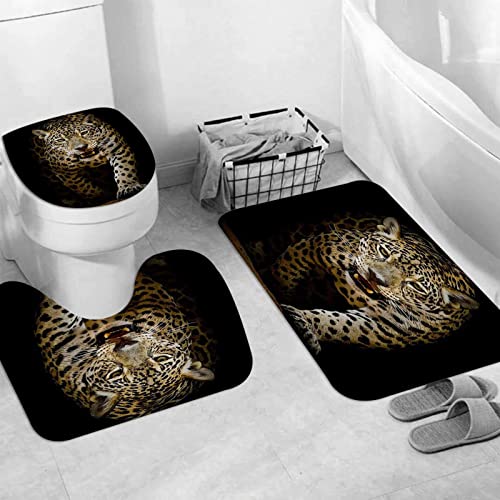 JIFOME Badteppich 3 Stück Weiche saugfähige Badematten,Sneaks and Walking Leopard World Mächtiges Raubtier,rutschfeste Badematte Teppiche & Toilettendeckelabdeckung Set Waschbar von JIFOME