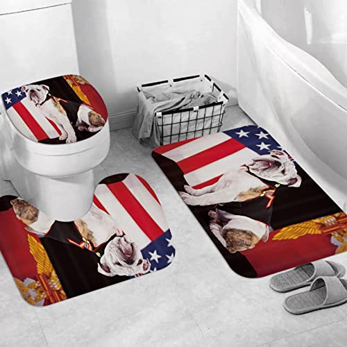 JIFOME Badteppich 3 Stück Weiche saugfähige Badematten,USA-Flagge United States Bulldog Marine Corps mit USA-Flagge,rutschfeste Badematte Teppiche & Toilettendeckelabdeckung Set Waschbar von JIFOME
