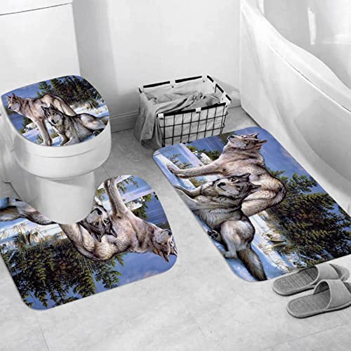 JIFOME Badteppich 3 Stück Weiche saugfähige Badematten,Wolf Wildlife Wildness Tier Pinien Winter Schnee Naturlandschaft,rutschfeste Badematte Teppiche & Toilettendeckelabdeckung Set Waschbar von JIFOME
