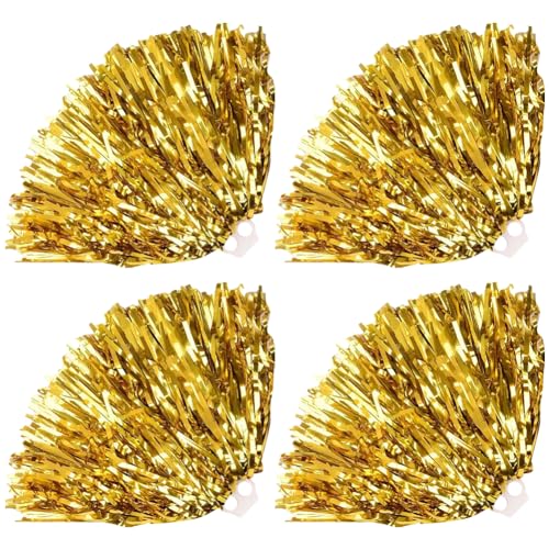JIHUOO Cheerleader-Pompons aus Kunststoff, für Mädchen, Cheerleader-Pompons, Metallfolie, Teamgeist, Tanz-Team, Pompons mit Griffen, Cheerleading-Kostüm-Zubehör, goldfarben, 4 Stück von JIHUOO