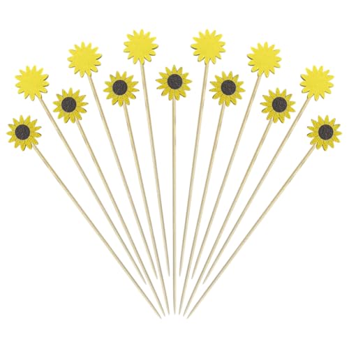 JIHUOO 100 Stück Sonnenblumen-Cocktailspieße, Blumen-Essens-Zahnstocher, dekorative Vorspeisen-Spieße, Obst-Sandwich-Sticks, Cocktailspieße für Getränke, Brautparty, Essenspieße von JIHUOO