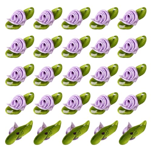 JIHUOO 100 Stück kleine Rosen zum Basteln, Mini-Kunststoff, winzige Satin-Blumen, Nähen, Verzierungen, Applikationen mit grünen Blättern, Lila von JIHUOO