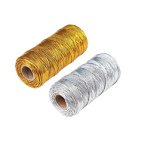 2 Rollen 200m Silber Gold Kordel Metallic Perlen Kordeln Geschenkverpackung Schnur Weihnachts Dekoration Cord Bastel Schmuckschnur von JIHUOO