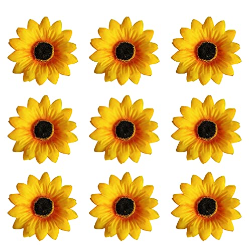 JIHUOO 20 Stück Künstliche Sonnenblumen Köpfe Seide Blumenköpfe Blumenkopf Kunstblumen Kopf Seidenblumen Plastikblumen Deko für Hochzeit Party Tischdeko 7,5 cm von JIHUOO