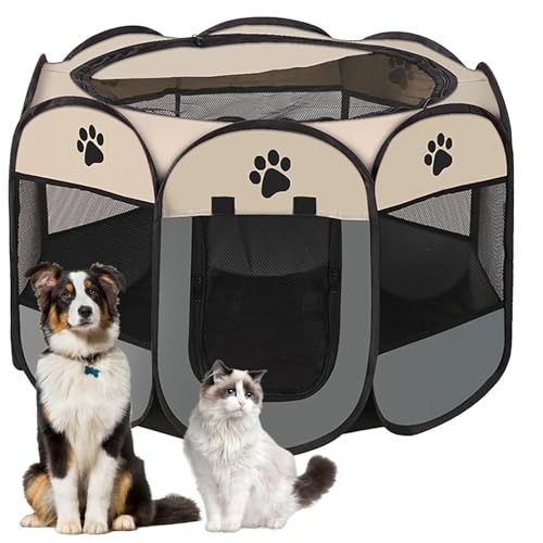 Tragbarer Käfig für Hunde und Kaninchen, Laufstall für Katzen, drinnen und draußen (Grau, S, 73 x 73 x 43 cm) von JIIENO