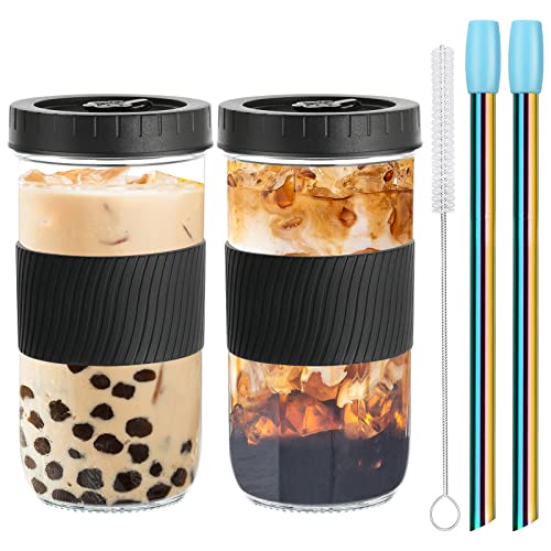 2 Stück Bubble Tee tassen, 680 ml Trinkglasbecher mit auslaufsicherem Deckel und Edelstahl-Strohhalm, Boba-Teetasse, Reisebecher, Glasbecher, Einmachglas, Schnabeltasse für Eistee, Kaffee, Getränke von JIIKOOAI