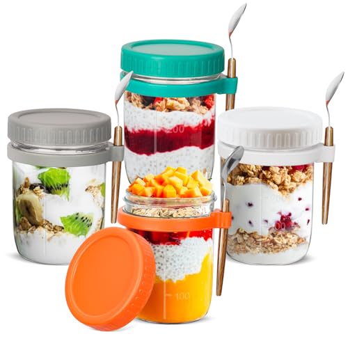 JIIKOOAI 4 Stück Overnight Oats Gläser mit Deckel und Löffel, 400ml/16 oz Glas Muslibecher, Obstbehälter, Salatbecher to go, Joghurt to go becher für Milch Cerealien Obst Cerealien von JIIKOOAI