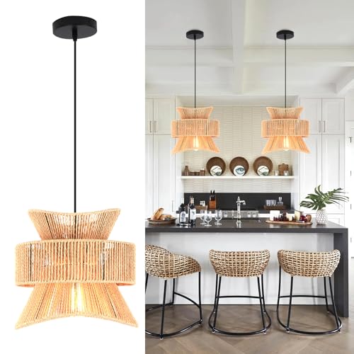 JIINOO JINOO Höhenverstellbare Rattan Deckenlampe, Handgeflochtene Pendelleuchte für Schrägedecken, Rustikaler Boho Stil Hängelampe für Landhausküche, Flur, Schlafzimmer, E27 von JIINOO