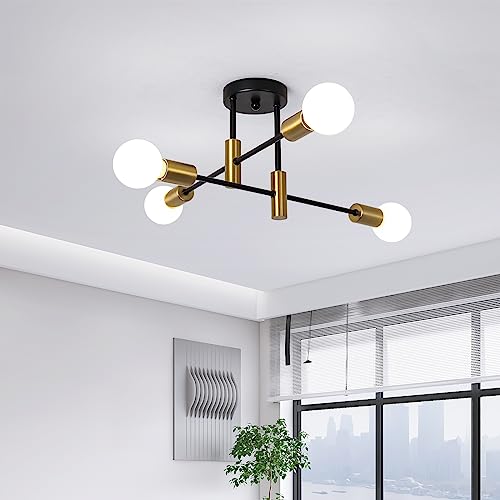 JIINOO Kronleuchter Moderne Pendelleuchte Höhenverstellbare 4 Lichter Metall Industrielle Vintage Halterung Kronleuchter für Wohnzimmer Esszimmer Schlafzimmer Foyer, Schwarz + Gold von JIINOO