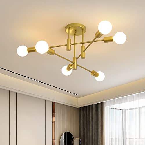 JIINOO Kronleuchter Moderne Pendelleuchte 6 Lichter Metall Industrielle Vintage Halterung Kronleuchter für Wohnzimmer Esszimmer Schlafzimmer Foyer, Gold von JIINOO