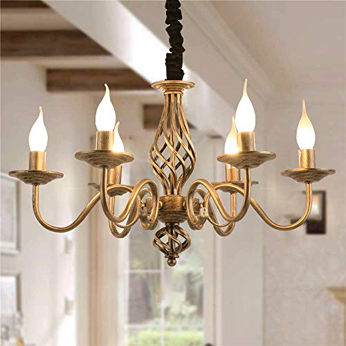 JIINOO Kronleuchter Traditioneller Country, Vintage Höhenverstellbarer Kerzenleuchter aus Schmiedeeisen Bronze, 6 Lichter Deckenlampe Klassische Pendelleuchte für Küche Esszimmer Wohnzimmer von JIINOO