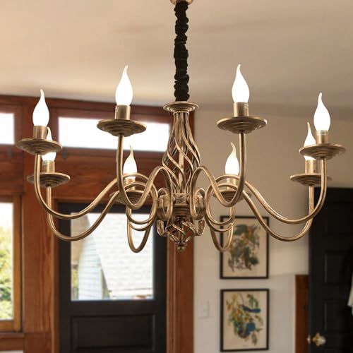 JIINOO Kronleuchter im Traditionellen Landhausstil, Vintage Höhenverstellbarer Kerzenleuchter aus Schmiedeeisen Bronze, 8 Lichter Bauernhaus klassische Pendelleuchte für Küche Esszimmer Wohnzimmer von JIINOO