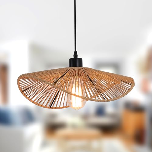 JIINOO Rattan Pendelleuchte Moderne Hängeleuchte Bambus Handgewebte 1-Licht-Hängelampe für Bauernhaus Schlafzimmer Wohnzimmer Esszimmer 41cm von JIINOO