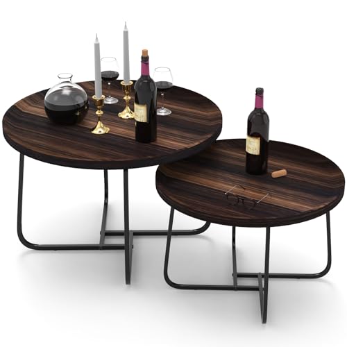 JIJIAN 2er Set Beistelltisch, Runde Couchtische aus Holz mit Metallbeinen, Wohnzimmertisch, Sofatisch, Stilvolle Satztische für Wohnzimmer, Balkon und Büro (70X70X45cm+50X50X38cm) von JIJIAN