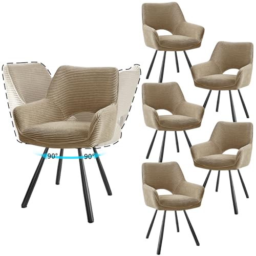 JIJIAN 6er Set Esszimmerstuhl Drehbar mit Armlehne, Drehbar 180°, Küchenstuhl, Moderner Polsterstuhl mit Stoffrückenlehne für Küche, Esszimmer, Schlafzimmer, Braun von JIJIAN