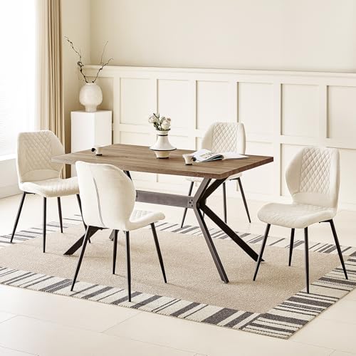 JIJIAN Essgruppen mit Dunkelbraun Holz Esstisch und 4 Beige Stühle, Rechteckiger Esstisch in 140 x 80 x 76 cm mit 4 Ergonomischer Design Leinen Esszimmerstühle, für Esszimmer, Küche, Wohnzimmer von JIJIAN
