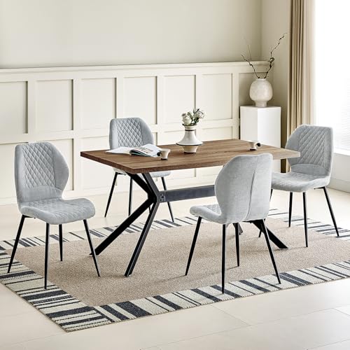 JIJIAN Essgruppen mit Dunkelbraun Holz Esstisch und 4 Grauer Stühle, Rechteckiger Esstisch in 140 x 80 x 76 cm mit 4 Ergonomischer Design Leinen Esszimmerstühle, für Esszimmer, Küche, Wohnzimmer von JIJIAN