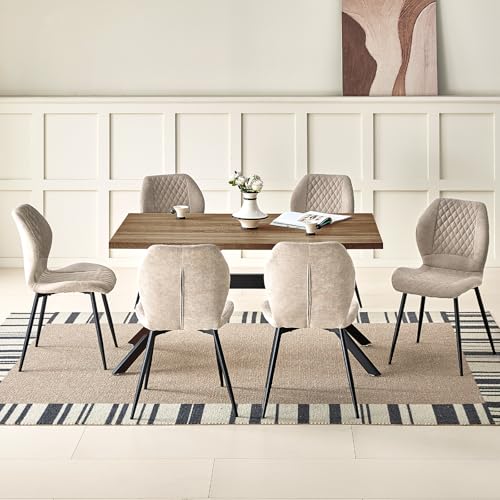 JIJIAN Essgruppen mit Dunkelbraun Holz Esstisch und 6 Brauner Stühle, Rechteckiger Esstisch in 140 x 80 x 76 cm mit 6 Ergonomischer Design Leinen Esszimmerstühle, für Esszimmer, Küche, Wohnzimmer von JIJIAN