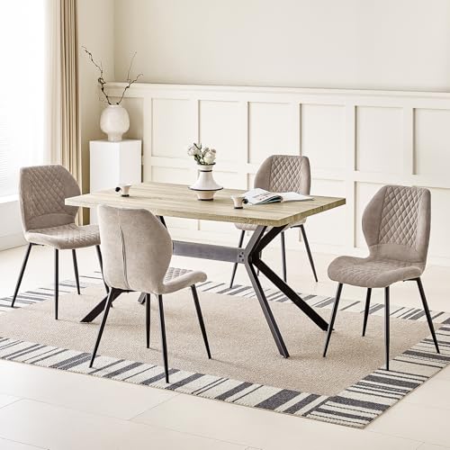 JIJIAN Essgruppen mit Heller Holz Esstisch und 4 Brauner Stühle, Rechteckiger Esstisch in 140 x 80 x 76 cm mit 4 Ergonomischer Design Leinen Esszimmerstühle, für Esszimmer, Küche, Wohnzimmer von JIJIAN
