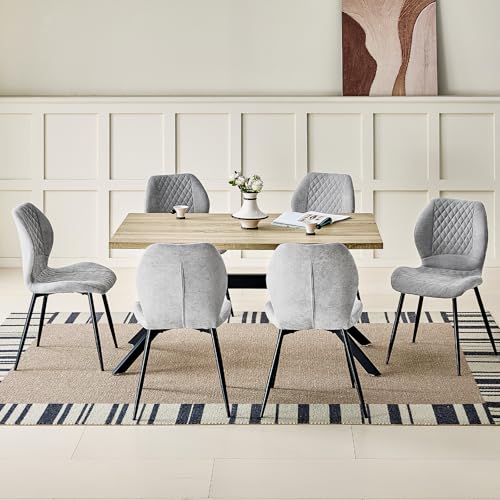 JIJIAN Essgruppen mit Heller Holz Esstisch und 6 Grauer Stühle, Rechteckiger Esstisch in 140 x 80 x 76 cm mit 6 Ergonomischer Design Leinen Esszimmerstühle, für Esszimmer, Küche, Wohnzimmer von JIJIAN