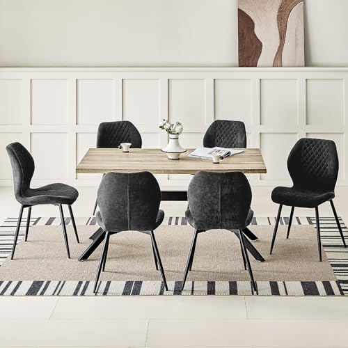 JIJIAN Essgruppen mit Heller Holz Esstisch und 6 Schwarzer Stühle, Rechteckiger Esstisch in 140 x 80 x 76 cm mit 6 Ergonomischer Design Leinen Esszimmerstühle, für Esszimmer, Küche, Wohnzimmer von JIJIAN