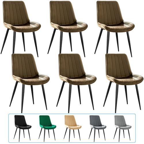 JIJIAN Esszimmerstühle 6er Set, Küchenstühle, Polsterstühle, Wohnzimmerstühle, Design Stuhl mit Rückenlehne, Sitz aus Samt mit schwarzen Metallbeinen, Braun von JIJIAN