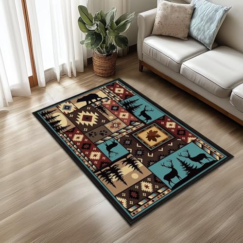 Rustikaler Teppich für den Eingangsbereich, 7,6 x 12,7 cm, waschbar, rutschfest, Ahornblatt, Bär, Elch, Hirsch, Land, Vintage, Bodenteppiche für Bett, Wohnzimmer, Eingang, Büro Rustikaler Teppich für den Eingangsbereich, 7,6 x 12,7 cm, waschbar, rutschfest, Ahornblatt, Bär, Elch, Hirsch, Land, Vintage, Bodenteppiche für Bett, Wohnzimmer, Eingang, Büro von JILANGCA