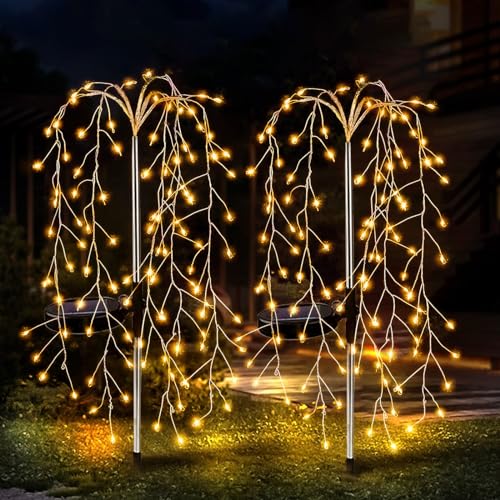 JIMACRO 2 Stück LED Solar Gartenleuchte, 6 * 20LEDs Solarfeuerwerk Little Willow Tree Light, 8 Modi Wasserdicht Kupferkabel Solarleuchten Feuerwerk Gartendeko für Außen Terrasse Hinterhof Weg Rasen von JIMACRO
