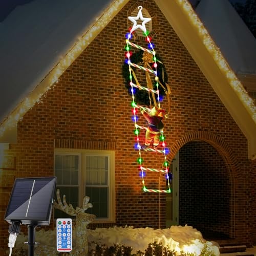 JIMACRO 2M/6.56FT Weihnachtsmann Leiter Lichterkette, 124LEDs Weihnachtsbeleuchtung Außen Mit 8 Modi, Solar Weihnachtsmann mit Leiter für Innen Außen Fenster Garten Haus Wand von JIMACRO