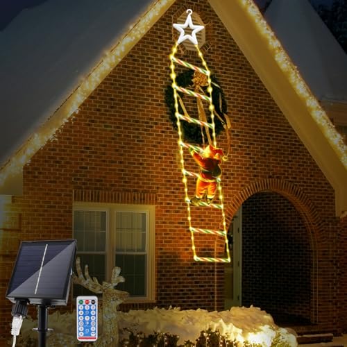 JIMACRO 2M/6.56FT Weihnachtsmann Leiter Lichterkette, 124LEDs Weihnachtsbeleuchtung Außen Mit 8 Modi, Solar Weihnachtsmann mit Leiter für Innen Außen Fenster Garten Haus Wand von JIMACRO