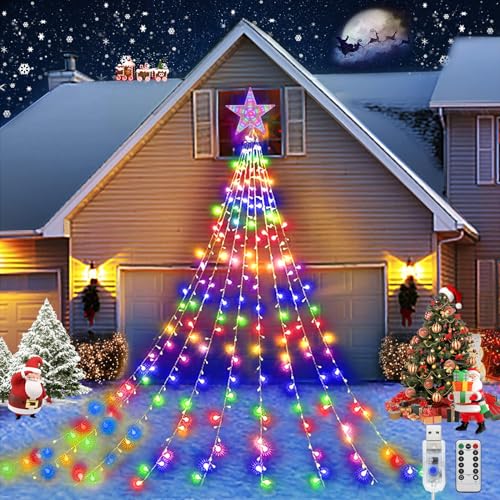 JIMACRO Weihnachtsbaum Außenlichter, 9Pcs*2M Christbaumbeleuchtung mit Sterne, 8 Modi 198 LEDs Wasserdicht USB LED Weihnachtsbaum Lichterkette mit Fernbedienung Außen für Rasen, Garten, Party, Fest von JIMACRO